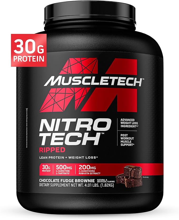 Muscletech Whey Protein Powder (Chocolate Fudge Brownie, 4LB) - Nitro-Tech Ripped Whey Protein Isolate & Peptides Smoothie Mix for Lean Muscle & Fast Recovery - 30g of Whey Protein for Women & Men