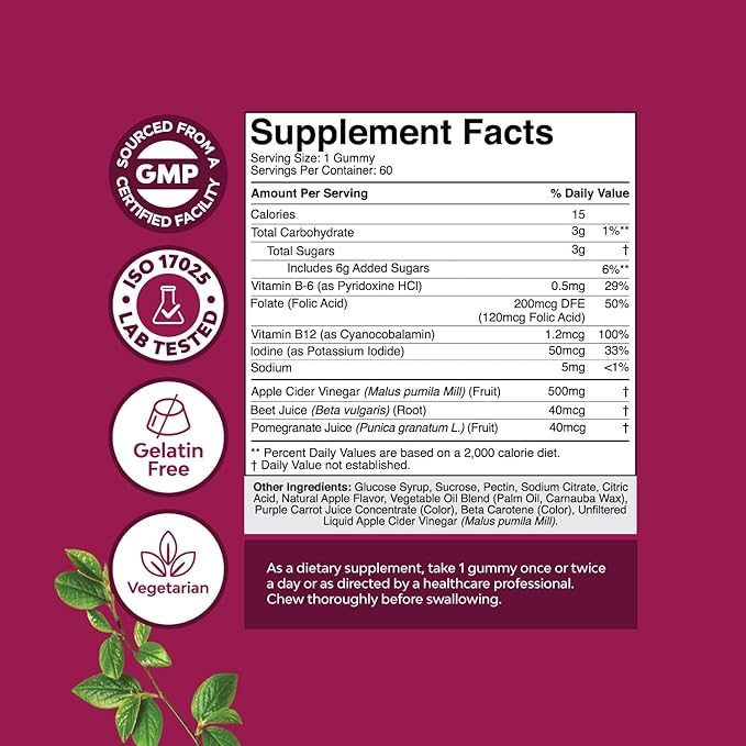 Apple Cider Vinegar ACV Gummies - Gut Health & Natural Energy Supplement with Vitamin B6 B12 Beet Root and Pomegranate - Apple Cider Vinegar with Mother Body Cleanse Detox for Women & Men 60 Servings