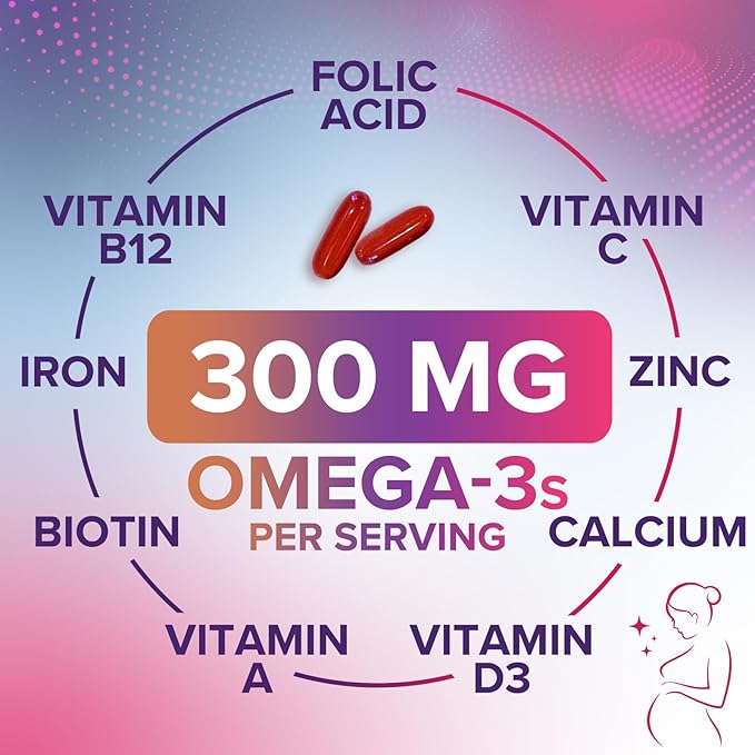 Women's Prenatal Multivitamin with Folic Acid + DHA, Prenatal Vitamin Supplement for Fetal Support w/Folate, Omega 3, Vitamins D3, B6, B12 & Iron, Pregnancy Prenatal DHA, Non-GMO - 120 Softgels
