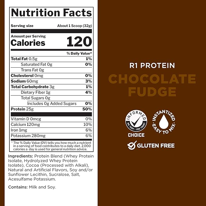 Rule One Proteins R1 Protein - 25g Fast-Acting, Super-Pure 100% Isolate and Hydrolysate Protein Powder with 6g BCAAs (2 Pounds*, Chocolate Fudge)