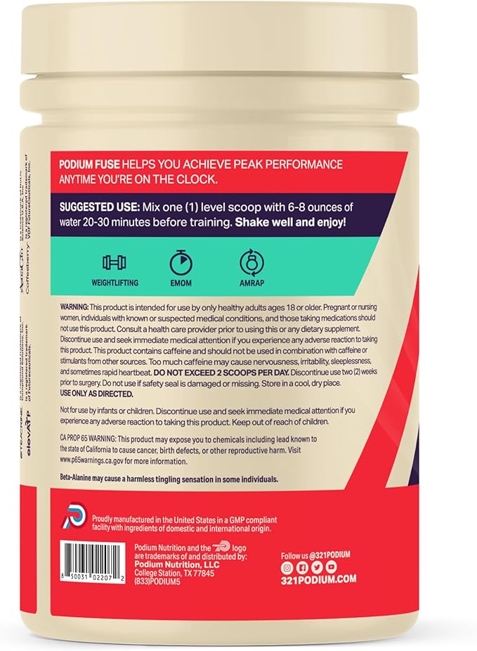 Podium Nutrition, Fuse Pre Workout Powder, Peach Mango, 30 Servings, Beta Alanine and Caffeine for Energy, Gluten Free, Soy Free, Dairy Free