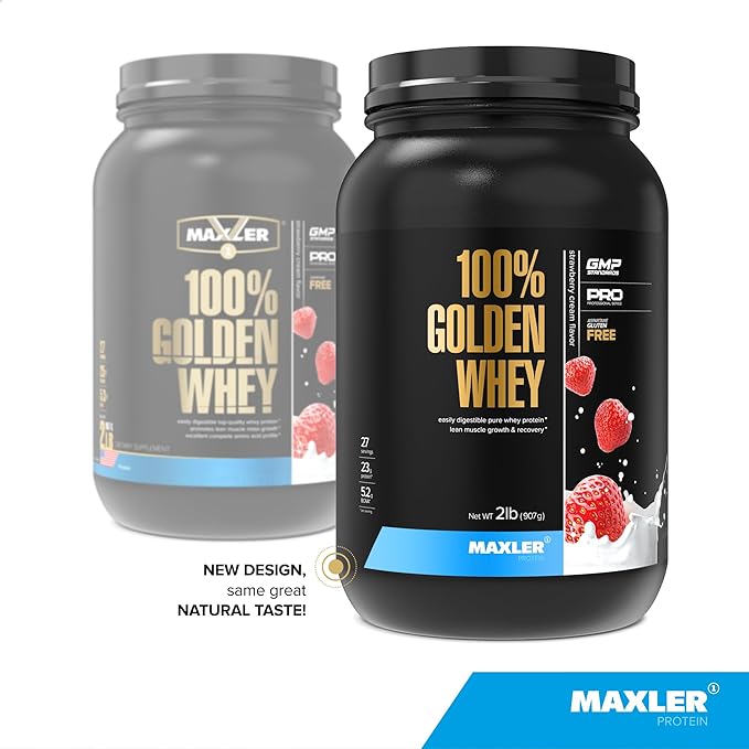 Maxler 100% Golden Whey Protein - 23g of Premium Whey Protein Powder per Serving - Pre, Post & Intra Workout - Fast-Absorbing Whey Hydrolysate, Isolate & Concentrate Blend - Strawberry Cream 2 lbs