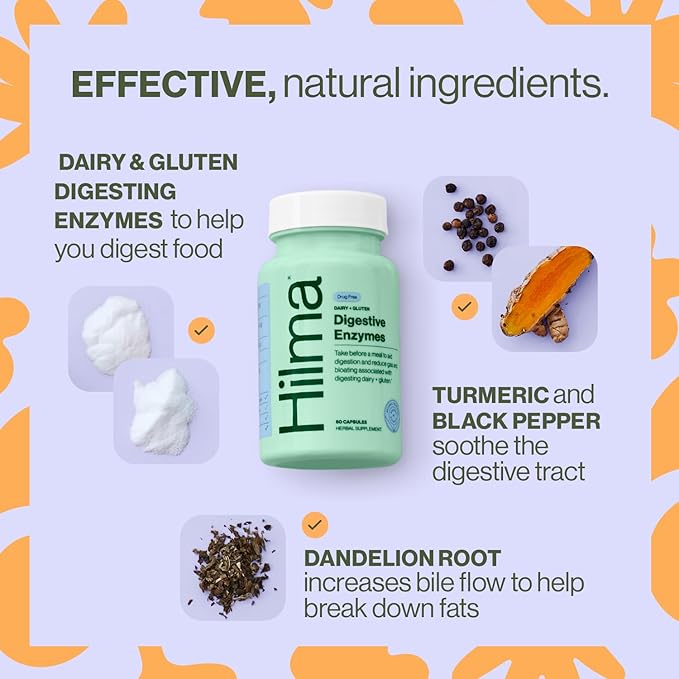Hilma Digestive Enzymes for Women – Bloating Relief with Turmeric, Dandelion Root & Gluten Digestive Enzymes – Natural Gluten & Dairy Relief Pills – 60 Vegan Capsules