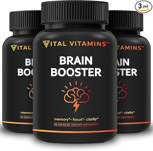 Vital Vitamins Brain Supplements for Memory and Focus (3 Pack) - Nootropic Brain Support - Memory, Clarity, Focus, Energy - Vitamin B12, Gingko Biloba, DMAE