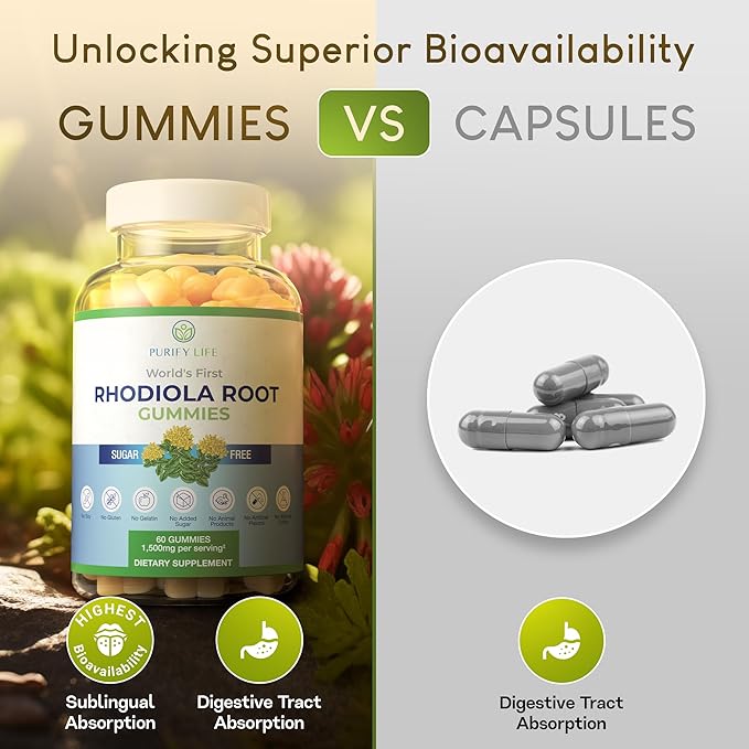 Sugar-Free Rhodiola Rosea Gummies (1500mg/Serving) Adaptogenic Rhodiola Rosea Supplement & Cortisol Blocker for Performance, Stamina, Mood & Motivation - Non-GMO, 60 Vegan Chews, No Capsules or Pills