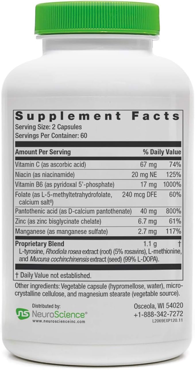 NeuroScience ExcitaPlus - Extra Strength L-Tyrosine & Rhodiola Supplement for Energy and Adrenal Health Support - Helps Reduce Tiredness and Fatigue (120 Capsules / 2 Month Supply)
