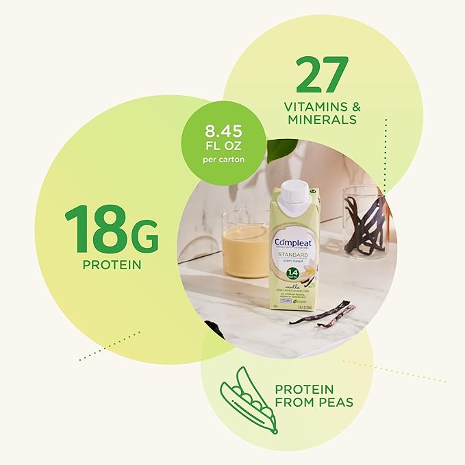 Compleat Standard 1.4 Plant-Based Vanilla Nutrition Shake - 18g Protein, 29 Vitamins & Minerals - Vegan Tube Feeding Formula - 8.45 Fl Oz (Pack of 24)