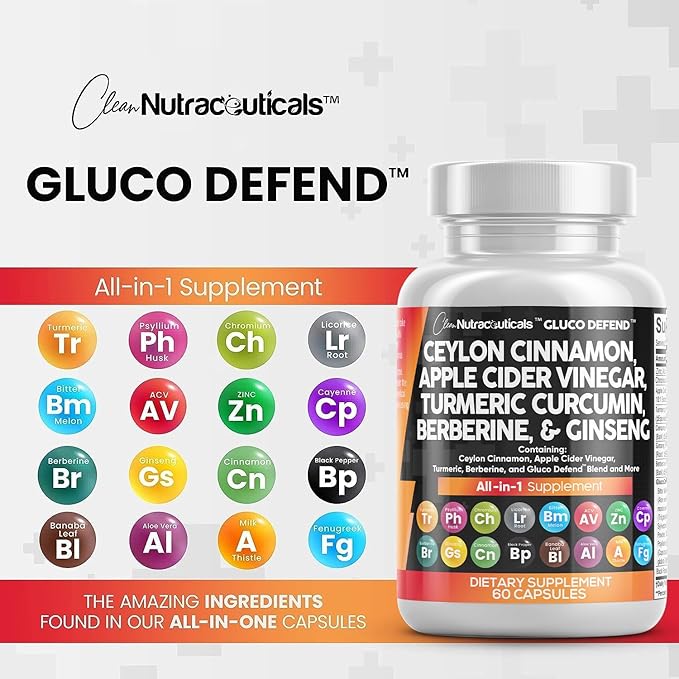 Clean Nutraceuticals Ceylon Cinnamon Turmeric Apple Cider Vinegar Ginseng Berberine Plus Bitter Melon Gymnema Milk Thistle Fenugreek