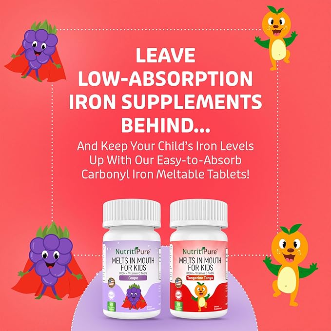 Chewable Iron Supplements for Kids (Ferronyl®/Carbonyl Iron 9 mg with Vitamin C 30 mg) Tablet in Delicious Grape Flavor Kids Iron Supplement 90 Count (1 Bottle)