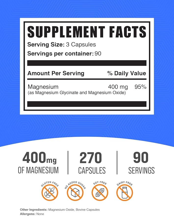 BulkSupplements.com Magnesium Glycinate Capsules - Magnesium Bisglycinate, Magnesium Supplement, Magnesium Glycinate 400mg - Gluten Free, 3 Capsules per Serving, 270 Capsules (Pack of 1)