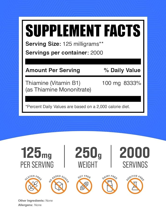 BulkSupplements.com Thiamine Mononitrate Powder - Vitamin B1 Powder, Thiamine B1 Supplement - B1 Vitamins, Gluten Free, 125mg per Serving, 250g (8.8 oz) (Pack of 1)