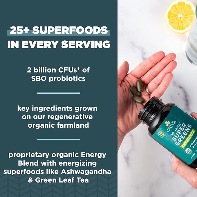Ancient Nutrition Supergreens Energizer Tablets, Organic Superfood Tablets with Caffeine, Made from Real Fruits, Vegetables and Herbs, for Digestive and Energy Support, 90 Count