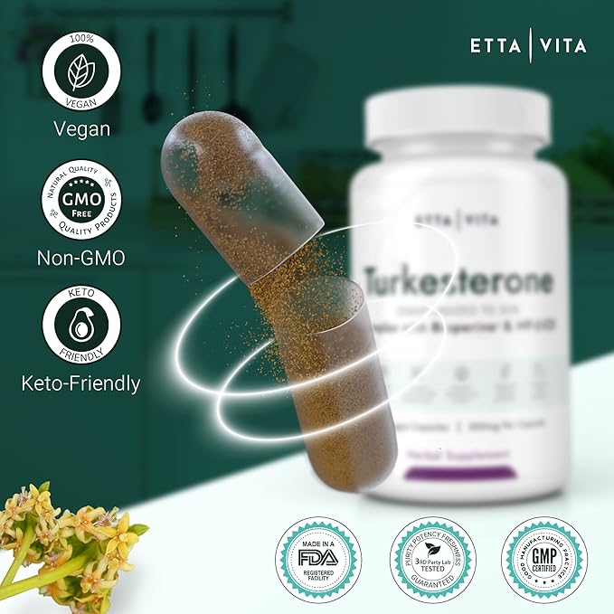 Potent Turkesterone Supplement, 2X Pure (Made in USA - 3rd Party Tested) Most Bioavailable and Natural Test Support Supplement, Supports Energy, Lean Muscle Growth, Recovery and Stamina, Vegan (60ct)