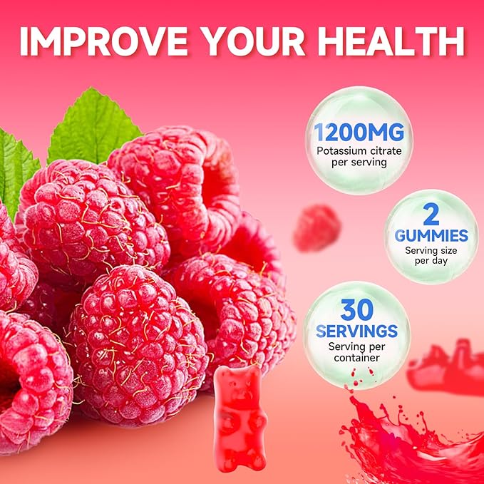 Potassium Citrate Gummies, High Potassium Supplement Gummies 1200mg Support Leg Cramps & Muscle Health, Potassium Gummies for Adults & Kids, Vegan, Raspberry Flavor 120 Count
