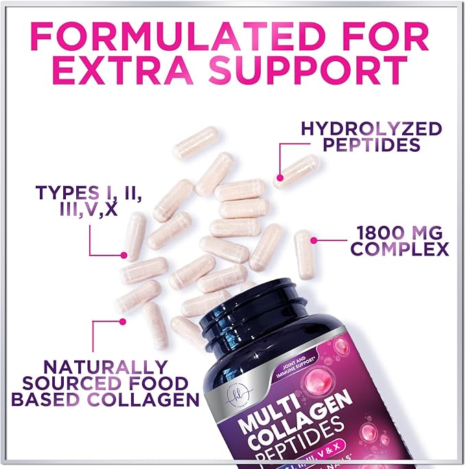 Collagen Peptides Powder Capsules for Women, 1800mg Hydrolyzed Collagen Type I, II, III, V & X, Hair, Nail, Skin, Bone & Joint Support, Collagen for Women & Men, Grass-Fed Collagen - 60 Capsules