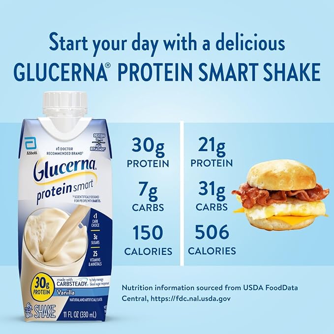Glucerna Protein Smart Shake, Diabetic Drink to Support Blood Sugar Management, 30g Protein, 150 Calories, Vanilla, 11-fl-oz Bottle, 12 Count