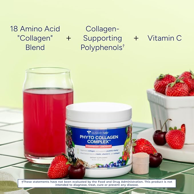 Gundry MD Phyto Collagen Complex, Strength Supporting Multivitamin Powder Supplement with Vitamin C, Amino Acids, and Polyphenols - Strawberry Lemonade (30 Servings)