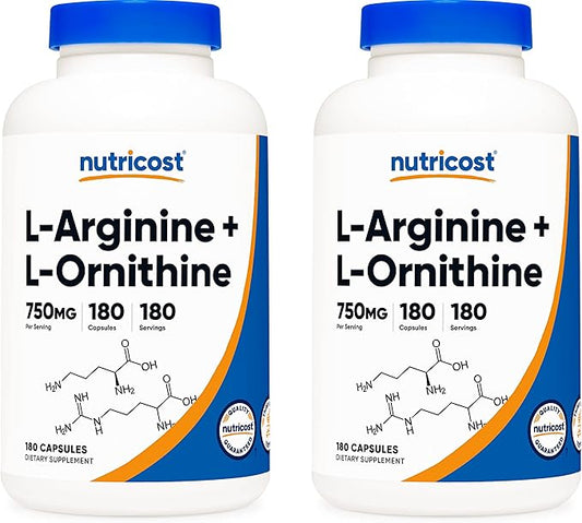 Nutricost L-Arginine L-Ornithine 750mg; 180 Capsules (2 Bottles)