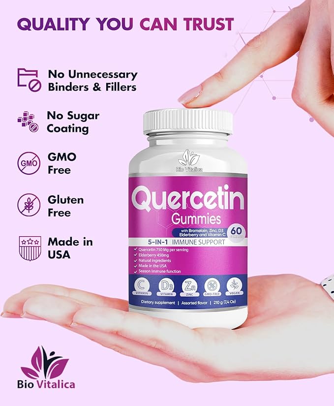 BIO VITALICA Quercetin Gummies by BioVitalica - Quercetin with Bromelain Vitamin C and Zinc & Elderberry + Vitamin D3-5 in 1 Immune Support - Zinc Quercetin 750 mg for Kids and Adult (5, Quercetin)