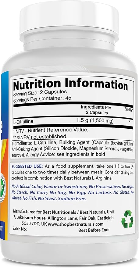 Best Naturals L-Citrulline Capsules - 1500mg/Serving - Non-GMO - Gluten Free - 90 Capsules (90 Count (Pack of 2))