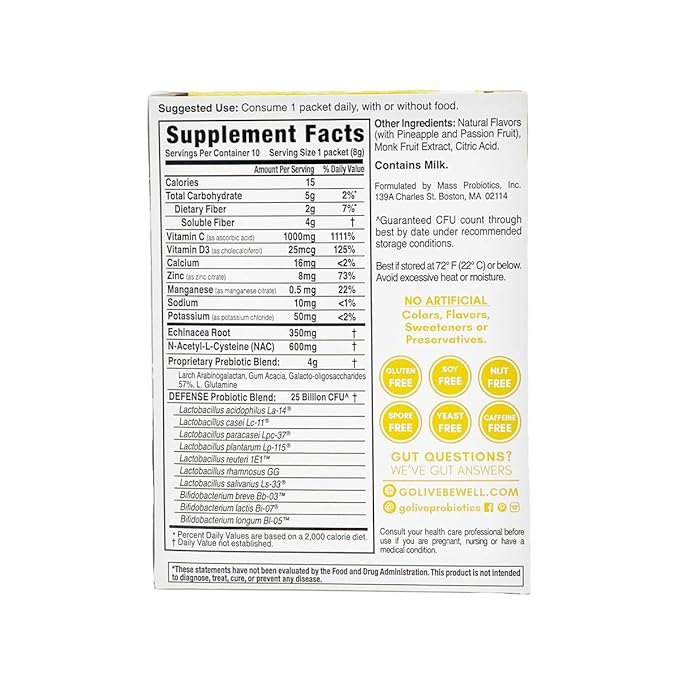 GoLive Immune Defense Sugar-Free Synbiotic (Probiotics + Prebiotics); +25 Billion CFUs; 10 Clinical Strains. Formulated and Recommended by Doctors and Dietitians for Digestion, Metabolism, Immunity.