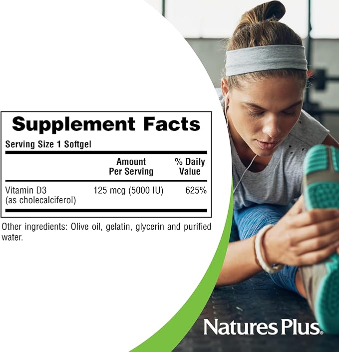 Natures Plus Vitamin D3 (Cholecalciferol) - 5000 iu, 60 Softgels - Bone Health, Heart Health & Immune System Support Supplement, Bioavailable Active Form - Gluten-Free - 60 Servings