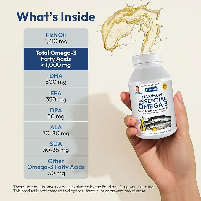 ANDREW LESSMAN Maximum Essential Omega-3 Unflavored, 180 Softgels - Ultra-Pure Omega-3 Fish Oil 1200 mg - High DHA, No Mercury Fish Oil Omega 3 Supplement - Small, Easy to Swallow Fish Oil Capsules