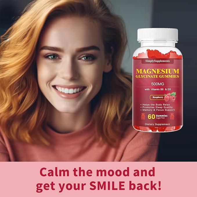 Magnesium Glycinate Gummies 500mg, Chewable Magnesium Supplement with Vitamin D3, B6, CoQ10, for Relaxation, Sleep & Mood Support, Calm Magnesium Gummies - 60 Raspberry Gummies