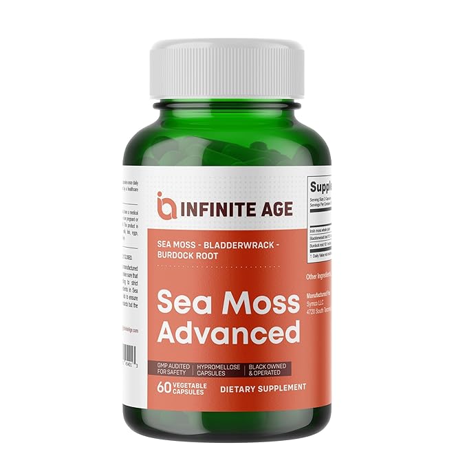 INFINITE AGE: 1250mg Sea Moss Advanced Superfood - High-Potency, Vegan, Made in The USA - Irish Sea Moss, Bladderwrack, Burdock Root - Overall Health, Immunity Support, 60 Sea Moss Capsules