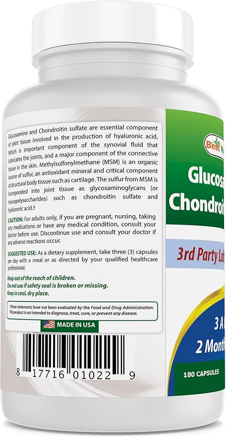 Best Naturals Glucosamine Chondroitin and MSM (Non-GMO) - Promotes Joint Health - 180 Count