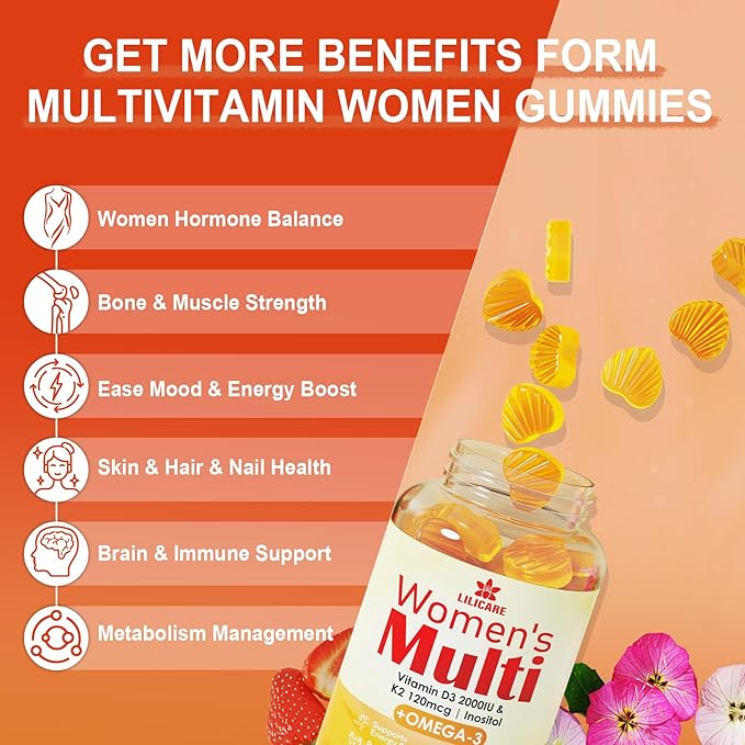 Womens Multivitamin Gummies, Sugar-Free Methylated Multivitamins w/D3 + K2, Vegan Omega 3, Algae Calcium, Daily Vitamin A C E B6 B12 Folate, Inositol, Minerals for Energy, Mood, Bone, Hormore, 120 Cts