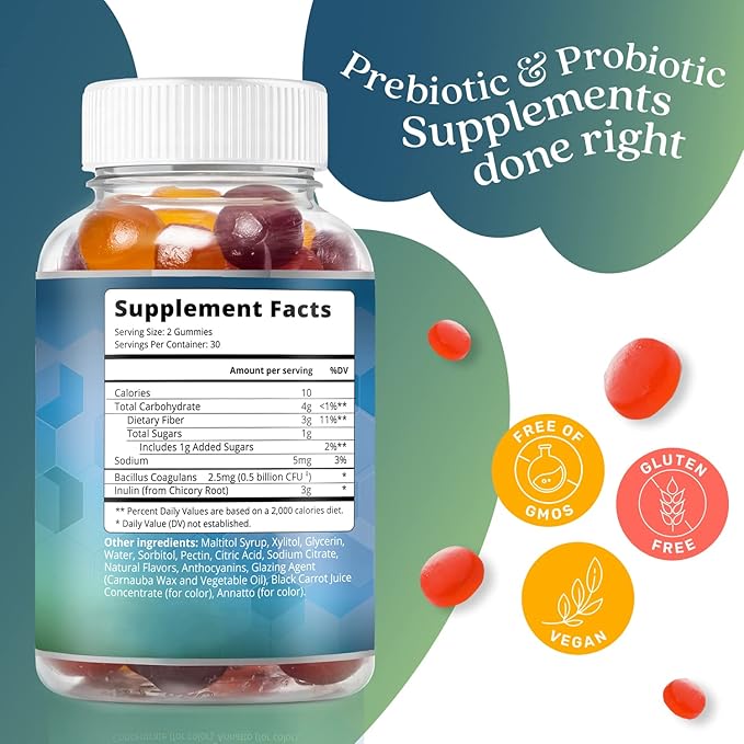 BeLive Synbiotics - Probiotic & Prebiotic Fiber Gummies – High Strength Inulin (3g), Dietary Fiber Supplement, Digestive Support for Kids & Adults - Strawberry, Lemon, Blueberry Flavor | 2-Pack