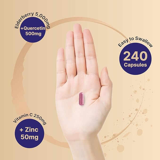 NatureBell Sambucus Elderberry Capsules, 5000mg Per Serving with Quercetin 500mg, Vitamin C and Zinc, 240 Count | European Black Elderberry Fruit Extract – 4 in 1 Immune Support Supplements