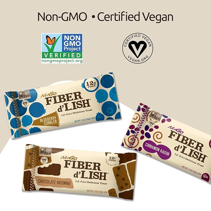 NuGo Fiber D'lish Variety Chocolate Brownie & Peanut Chocolate Chip, 12g High Fiber, Vegan, 5 Bars Each, 10 Count