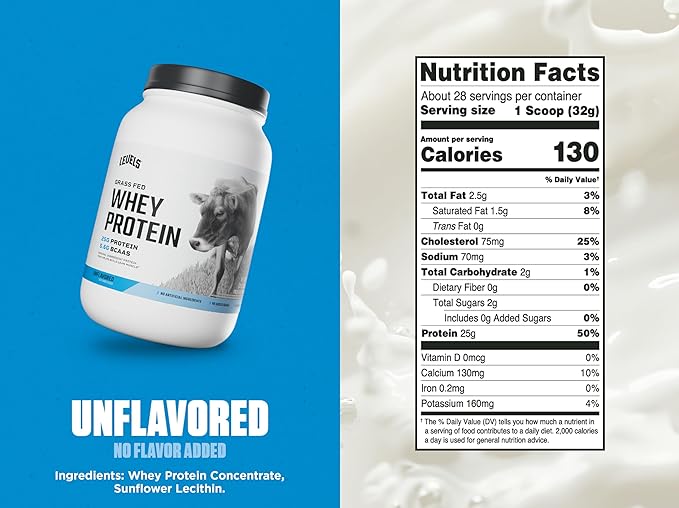 Levels Grass Fed Whey Protein Powder, No Artificials, 25G of Protein, Unflavored, 2LB