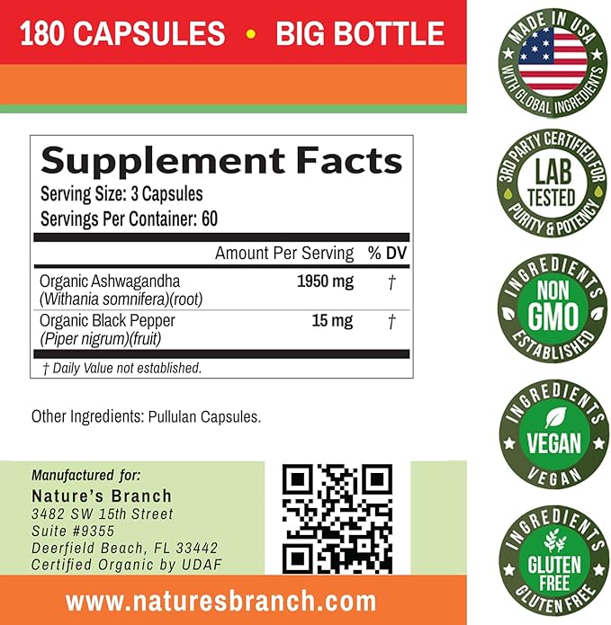 UDAF Certified Organic Ashwagandha with Black Pepper - 180 Capsules - 1965mg Extra Strength for Stress, Sleep, Mood, Thyroid, Focus, Hair, Vegan Pure Root Extract Powder - Men and Women Supplements