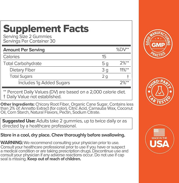 GOGO Fiber Gummies for Adults, 60 Count (Pack of 2) - Prebiotic Chicory Root Inulin Fiber Supplement - Daily Gummy Fiber for Digestive Gut Health - Non-GMO, Vegan & Cruelty-Free