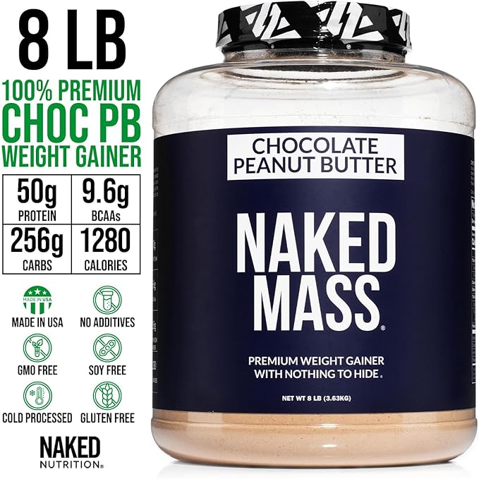Chocolate Peanut Butter Naked Mass - 1,280 Calories, 50G Protein, Nothing Artificial. All Natural Weight Gainer Protein Powder - 8Lb Bulk, GMO Free, Gluten Free & Soy Free