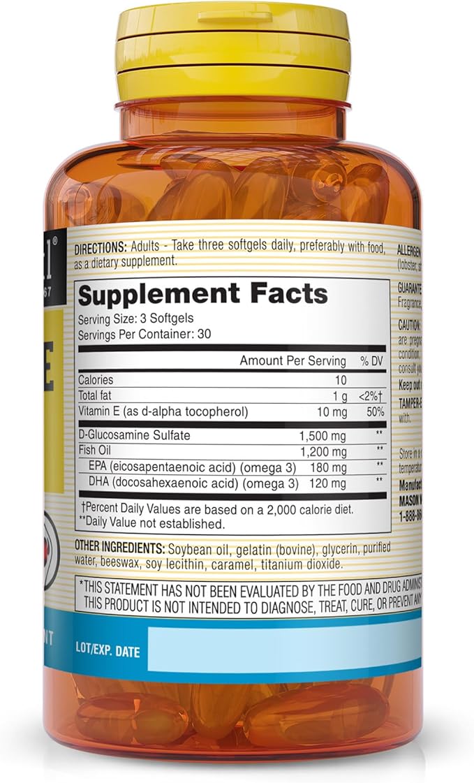 MASON NATURAL Glucosamine & Fish Oil Supplement with DHA & Omega 3 for Joint & Muscle Support, 1 Month Supply Softgel Pills