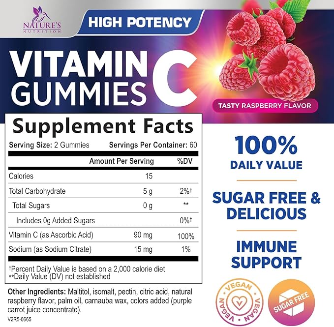 Zero Sugar Vitamin C Gummies - Immune Support & Antioxidant Vitamin Dietary Supplement - Vegan, Non-GMO, Dairy & Gluten Free C Vitamin Gummy - Raspberry Flavor for Kids & Adults - 120 Count Gummies