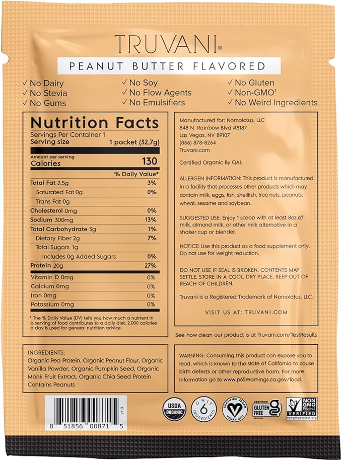Truvani Vegan Pea Protein Powder | Peanut Butter | 20g Organic Plant Based Protein | 1 Serving | Keto | Gluten & Dairy Free | Low Carb | No Added Sugar