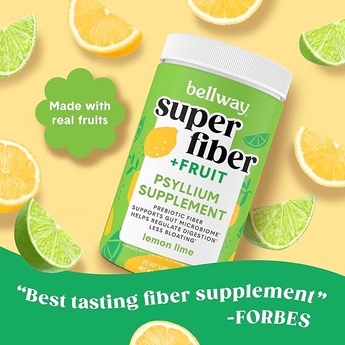 Bellway Super Fiber Powder + Fruit, Sugar Free Organic Psyllium Husk Powder Fiber Supplement for Regularity, Bloating Relief & Gut Health, Non-GMO, Plant-Based, Lemon Lime (50 Servings)