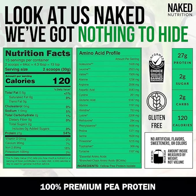 Naked Pea - Pea Protein Isolate - Plant Based, Vegetarian & Vegan Protein. Easy to Digest, Non-GMO, No Lactose, No Soy and Gluten Free - 15 Servings