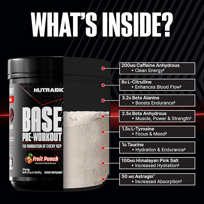 NutraBio Base Pre-Workout Sports Nutrition Powder - Sustained Energy, Mental Focus, Endurance, Hydration - Preworkout for Men and Women - Increase Energy- 30 Servings - Blue Raspberry