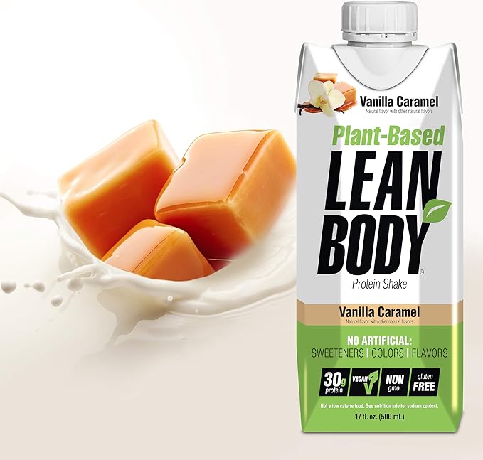 Lean Body Ready-to-Drink, Plant-Based Vegan Vanilla Caramel Protein Shake, 30g Protein, No Artificial Flavors, Sweeteners or Colors, Non GMO, Gluten Free, Premium Pea & Rice Blend (Pack of 12)