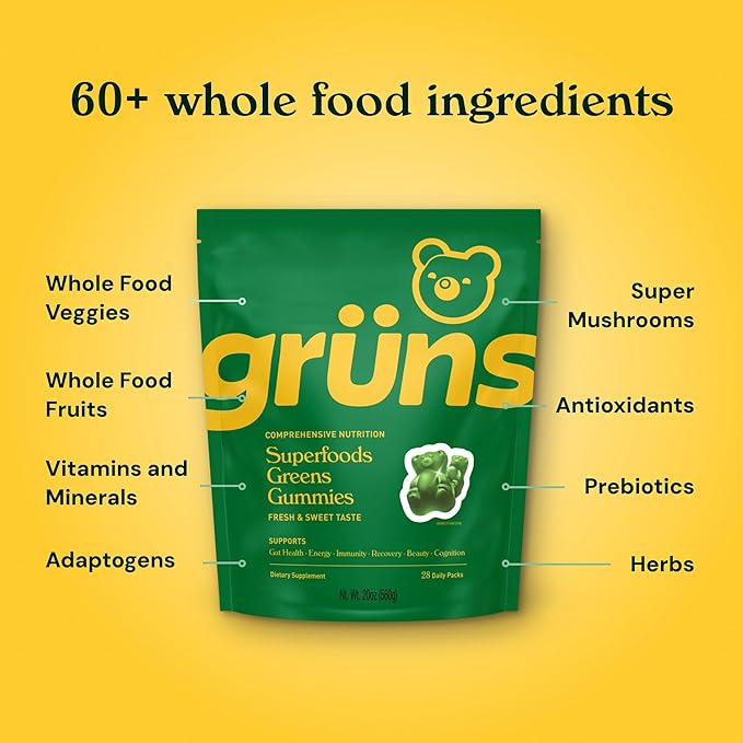 Gruns Adults Super Greens Gummies, Superfood Gummy Bears with Spirulina, Chlorella & Prebiotics for Digestive Health - Adaptogens Supplement with 20 Vitamins & Minerals, Low Sugar- 1 Month Supply