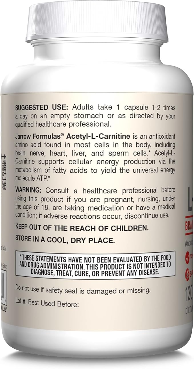 Jarrow Formulas Acetyl L-Carnitine 500 mg, Dietary Supplement, Amino Acid Support for Brain Health and Antioxidants, 120 Veggie Capsules, 120 Day Supply