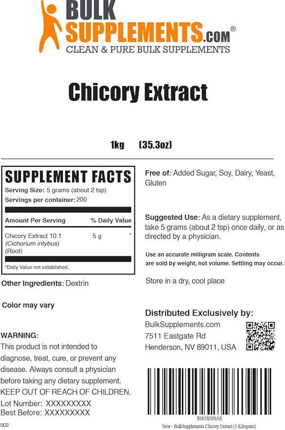 BulkSupplements.com Chicory Extract Powder - Chicory Root Supplement, Chicory Root Powder - Fiber Supplement, Gluten Free, 5g per Serving, 5kg (11 lbs) (Pack of 5)