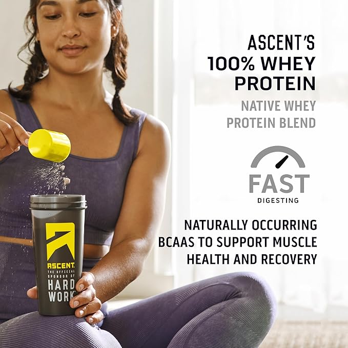 Ascent 100% Whey Protein Powder - Post Workout Whey Protein Isolate, Zero Artificial Flavors & Sweeteners, Gluten Free, 5.5g BCAA, 2.6g Leucine, Essential Amino Acids, Unflavored 2 lb