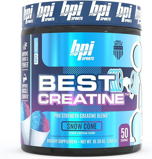 BPI Sports Best Creatine - Creatine Monohydrate, Himalayan Salt - strength, Pump, Endurance, Muscle Growth, Muscle Definition - No Bloat - Snow Cone - 50 servings - 10.58 Oz